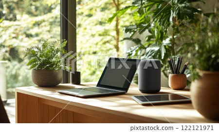 Laptop, tablet, and smart speaker on a wooden desk in a sunlit room with plants. Laptop, tablet, and smart speaker on a wooden desk in a sunlit room with plants. 122121971
