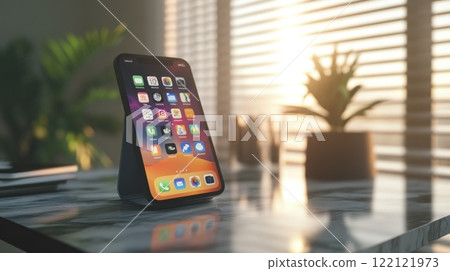 Smartphone on stand, displaying apps, sunlit room. Smartphone on stand, displaying apps, sunlit room. 122121973