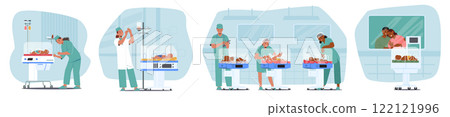Medical staff treating, examining preterm baby and happy parents watching on newborn in incubator 122121996