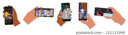 Hands holding smartphone with standup and talk show, weather forecast, podcast, news broadcasting 122121998