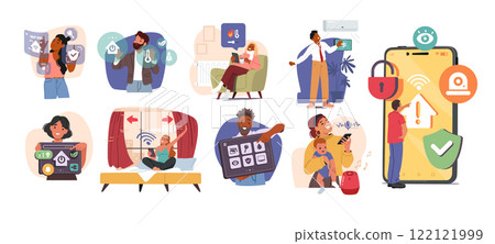 Diverse people cartoon characters using modern mobile tech application for smart home control 122121999
