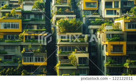 Lush green vegetation covers balconies of a dense, multi-story apartment building with yellow accents. 122122011