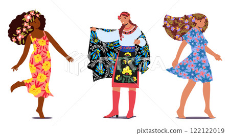 Woman cartoon character with flowers blooms in hair multinational diversity set isolated on white Woman cartoon character with flowers blooms in hair multinational diversity set isolated on white 122122019