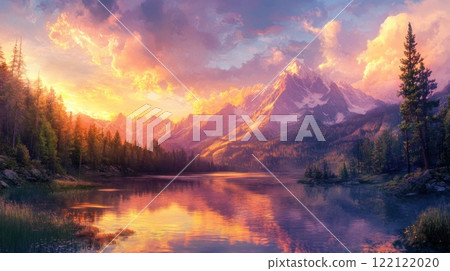 Vibrant sunset over serene mountain lake reflecting colorful sky and snow-capped peaks. Vibrant sunset over serene mountain lake reflecting colorful sky and snow-capped peaks. 122122020