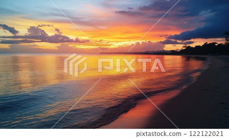 Vibrant sunset over calm ocean reflecting colors on sandy beach. Vibrant sunset over calm ocean reflecting colors on sandy beach. 122122021