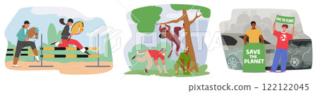 Teenagers cartoon characters enjoying hobbyhorsing, quadrobers subculture, fighting against ecology Teenagers cartoon characters enjoying hobbyhorsing, quadrobers subculture, fighting against ecology 122122045