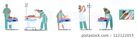Isolated set of professional neonatologist caring for newborn preterm babies in emergency incubator 122122055