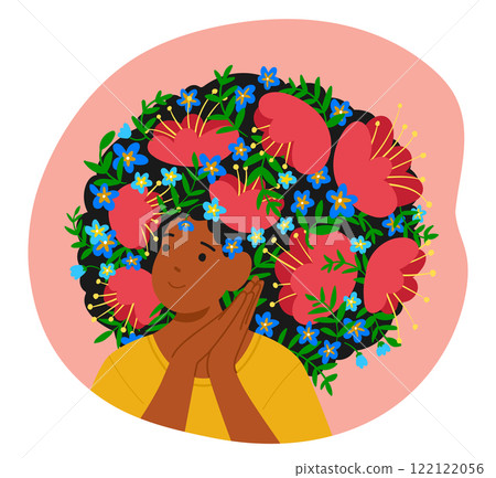 Romantic attractive woman cartoon character with hair decorated poppies and pansies flowers 122122056