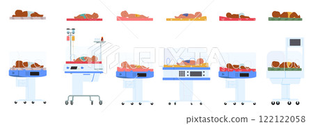 Newborn children little patients at neonatal intensive care center waiting for therapy isolated set Newborn children little patients at neonatal intensive care center waiting for therapy isolated set 122122058