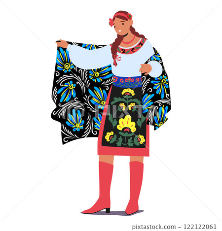 Ukrainian woman cartoon character wearing traditional floral print clothing isolated on white 122122061
