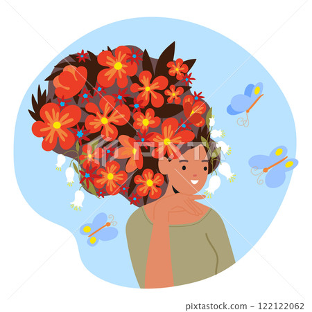 Portrait of charming young woman cartoon character with long hair decorated bohemian floral blooms 122122062