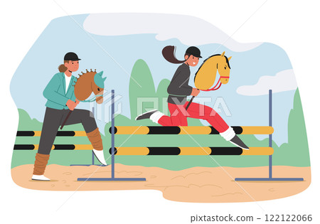 Teenagers cartoon characters sporting hobbyhorse jumping over barrier enjoying competition race 122122066