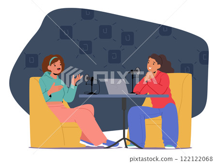 Teenage girls children cartoon characters streaming live podcast on radio enjoying trendy hobby Teenage girls children cartoon characters streaming live podcast on radio enjoying trendy hobby 122122068
