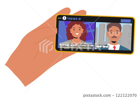 Human hand holding mobile phone with daily news online broadcasting isolated on white background Human hand holding mobile phone with daily news online broadcasting isolated on white background 122122070