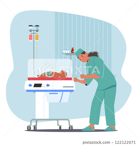 Nurse providing intensive neonatal care for preterm baby in incubator unite of intensive therapy Nurse providing intensive neonatal care for preterm baby in incubator unite of intensive therapy 122122071