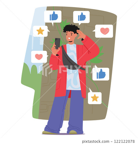 Trendy fashion teenager blogger cartoon character taking selfie photo to share in social media 122122078