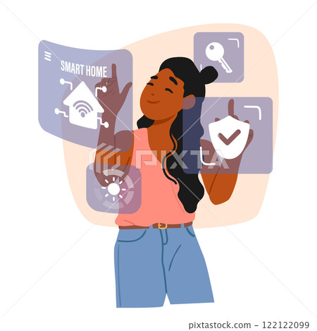 Young woman using virtual panel with variety of smart home remote control services cartoon scene 122122099