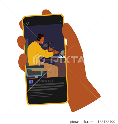 Human hand holding smartphone watching podcast show video online via mobile phone application Human hand holding smartphone watching podcast show video online via mobile phone application 122122100