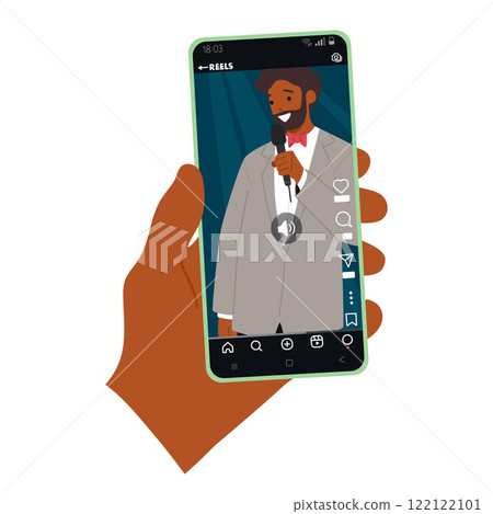 Person hand holding smartphone gadget with standup show broadcasting online isolated on white 122122101