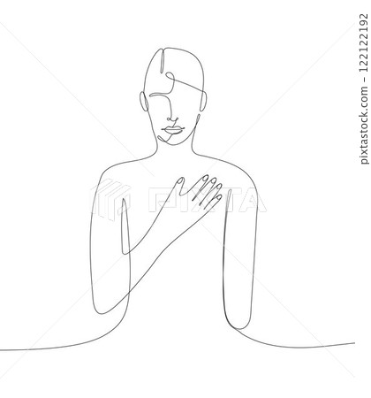 Continuous line drawing of a woman placing her hand on her heart, symbolizing love, care, and compassion. Continuous line drawing of a woman placing her hand on her heart, symbolizing love, care, and compassion. 122122192