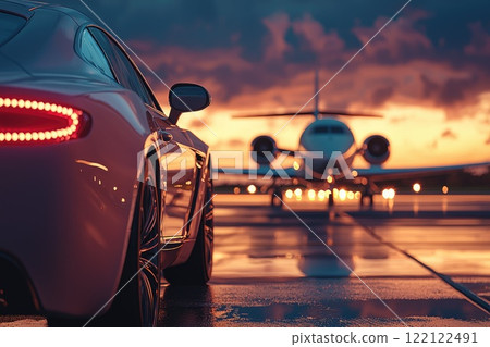 Business Class Shuttle Service with Luxury Car and Private Jet on Brightly Lit Runway 122122491