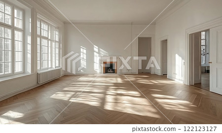 Spacious and bright living room with classic fireplace 122123127