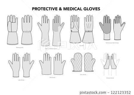 Set of Gloves - Protective Medical Fashion with names hand accessory clothing technical illustration garment. Vector 122123352