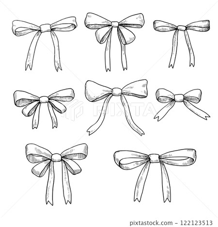 Cute hand-drawn bows. Set of ink outline vector illustrations isolated on white background. 122123513
