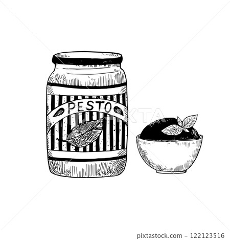 Pesto sauce glass jar in hand-drawn sketch style. Black and white vector illustration 122123516