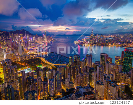 Aerial view of Hong Kong city at night Aerial view of Hong Kong city at night 122124137
