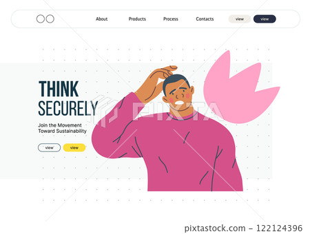 Thinking people, modern flat vector concept illustration- man standing thoughtfully, looking forward, bubble near his head Metaphor for reflection, analysis, introspection, contemplation, deep thought 122124396