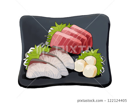 An illustration of an assortment of yellowtail, tuna, and scallop sashimi served on a black square plate An illustration of an assortment of yellowtail, tuna, and scallop sashimi served on a black square plate 122124405