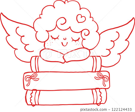 Retro Valentine Bookish Cupid with Book Stack Outline Retro Valentine Bookish Cupid with Book Stack Outline 122124433