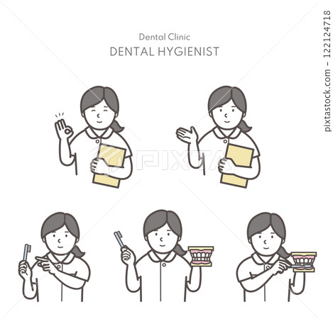 Illustration of an upper body of a woman giving tooth brushing instruction 122124718