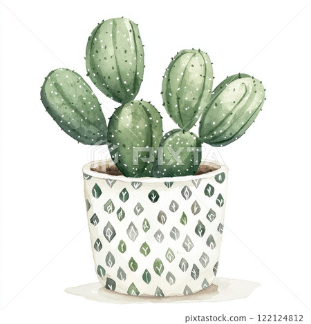 Watercolor style depiction of green cactus in patterned pot, showcasing its unique shape and texture 122124812