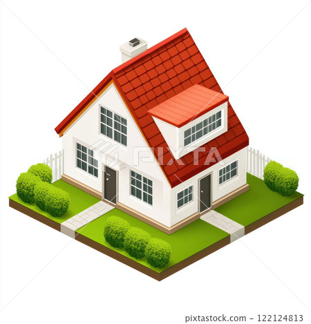 charming suburban house with red roof, green lawn, and white fence, exuding warmth and comfort 122124813