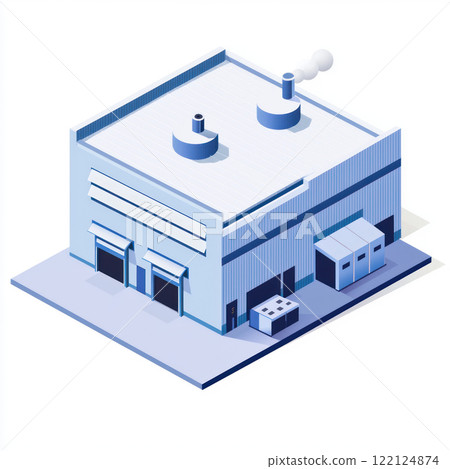 Modern industrial facility with warehouse design featuring smokestacks and loading docks 122124874