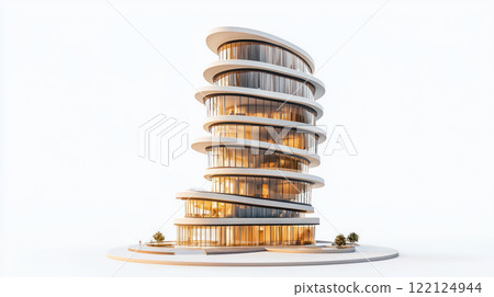 Modern twisting skyscraper with large glass windows and elegant design 122124944