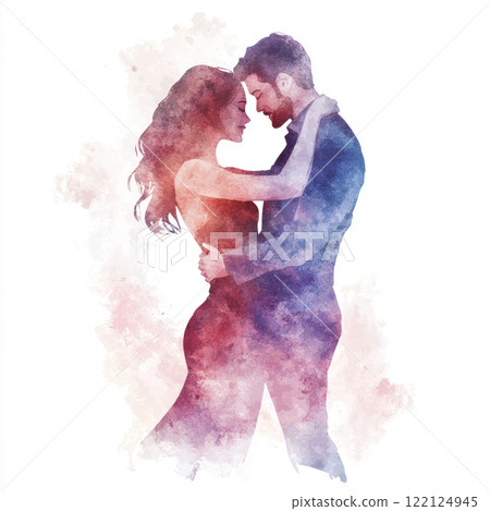 romantic couple dancing closely, surrounded by colorful watercolor background, expressing love and connection 122124945