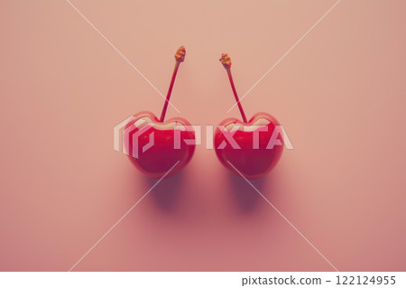Two red cherries in minimal composition create romantic vibe 122124955