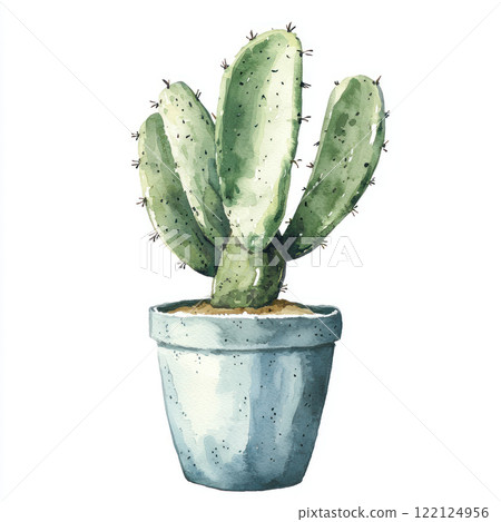 Watercolor style depiction of cute green cactus in pot, showcasing its unique shape and texture 122124956