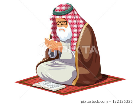 An elderly Muslim man, wearing a traditional keffiyeh secured with an agal, sits peacefully as he recites verses from the Quran during his prayers to Allah in the holy month of Ramadan. 122125325