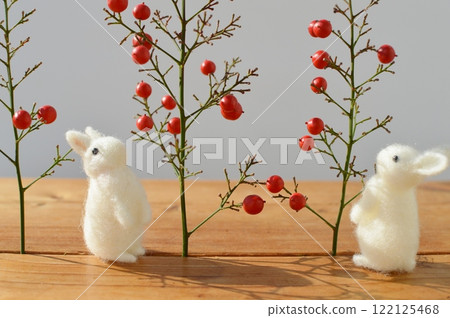 Red Nandina berries and a felted rabbit Red Nandina berries and a felted rabbit 122125468