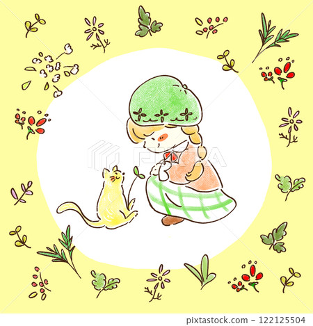 A girl wearing a beret and a checked skirt looks at her pet cat with floral decorations [yellow background] 122125504