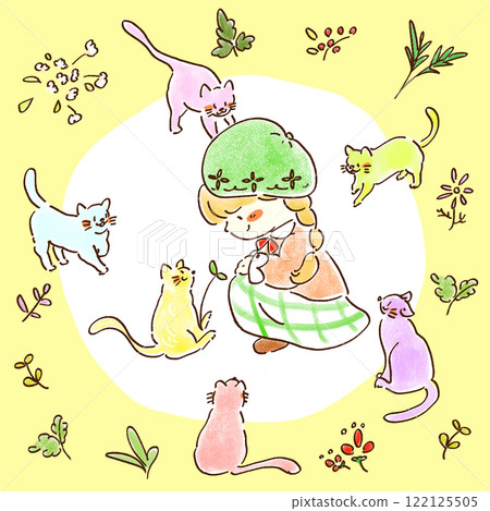 Cats are gathering around a smiling girl wearing a beret and a checked skirt [Yellow background, flowers] 122125505