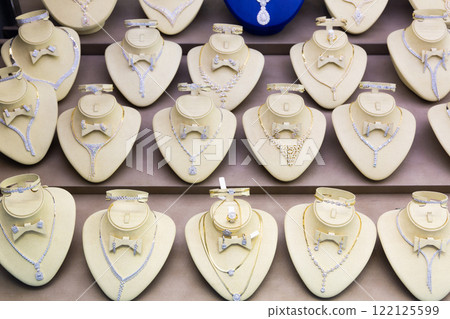 Elegant display of fine jewelry in retail shop Elegant display of fine jewelry in retail shop 122125599