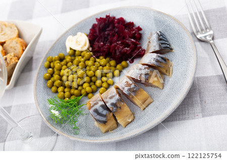 Cold smoked mackerel with beetroot and green peas Cold smoked mackerel with beetroot and green peas 122125754