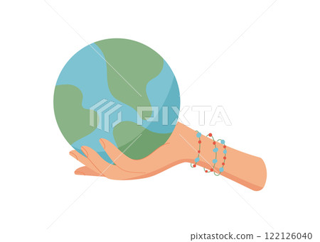 Hand holding globe symbolizes connection. Woman gives and receives the earth as a gesture of unity. Concept of peace, charity, and hope, flat style, suitable for environmental themes. 122126040