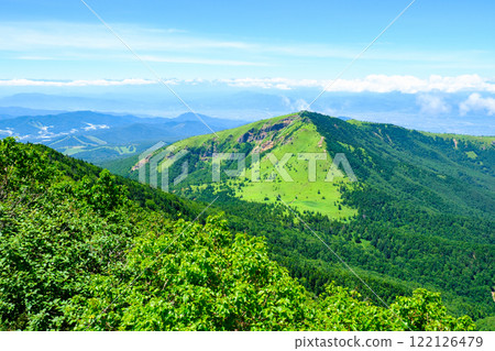 Climbing Mt. Azuma and Mt. Nekodake in summer (view of Mt. Nekodake and the Northern Alps from the summit of Mt. Azuma) 122126479