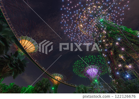 Nightscape of Colorful Lighted Structures at Garden by the bay Nightscape of Colorful Lighted Structures at Garden by the bay 122126676